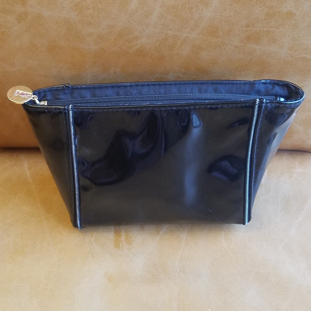 YSL Ives Saint Laurent cosmetic case travel bag clutch black patent leather